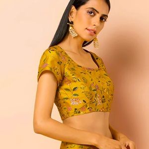 Mustard Floral Foil Cap Sleeve Crop Top with tie back